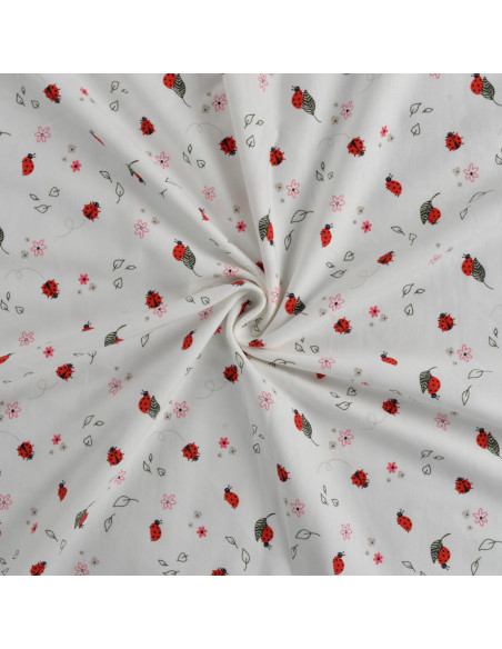 Tissu, Jersey de Coton Imprimé Coccinelles, Blanc et Rouge, Laize 150 cm, Coton Stretch Oeko-Tex