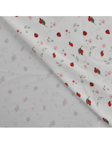 Tissu, Jersey de Coton Imprimé Coccinelles, Blanc et Rouge, Laize 150 cm, Coton Stretch Oeko-Tex