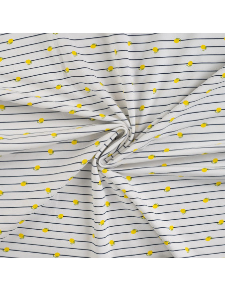 Tissu, Jersey de Coton, Rayures Marine et Citrons, Laize 150 cm, Coton Stretch Oeko-Tex