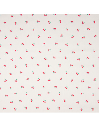 Tissu, Popeline de Coton, Cerises Rouges sur Écru, Laize 150 cm, 100% Coton 110g/m²