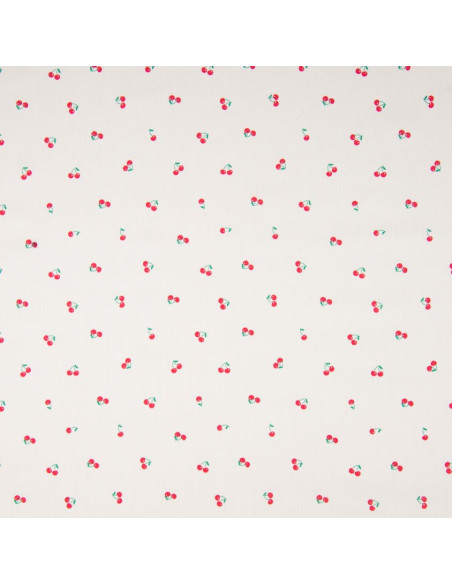 Tissu, Popeline de Coton, Cerises Rouges sur Écru, Laize 150 cm, 100% Coton 110g/m²