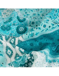 Tissu, Viscose Imprimée Patchwork Bohème, Bleu Pétrole, Laize 140 cm, 100% Viscose 105g/m² 2