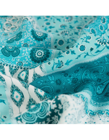 Tissu, Viscose Imprimée Patchwork Bohème, Bleu Pétrole, Laize 140 cm, 100% Viscose 105g/m²