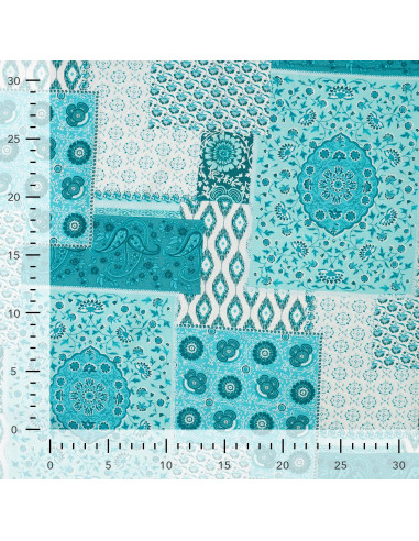 Tissu, Viscose Imprimée Patchwork Bohème, Bleu Pétrole, Laize 140 cm, 100% Viscose 105g/m²