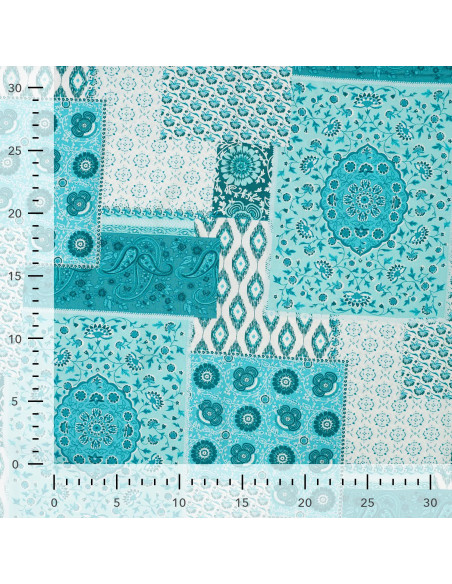 Tissu, Viscose Imprimée Patchwork Bohème, Bleu Pétrole, Laize 140 cm, 100% Viscose 105g/m²