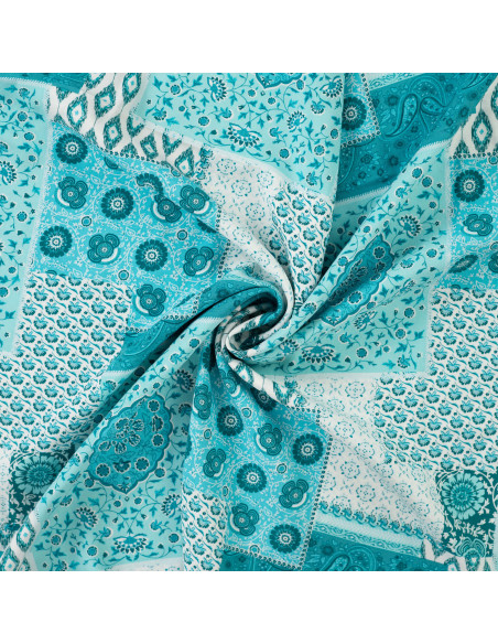 Tissu, Viscose Imprimée Patchwork Bohème, Bleu Pétrole, Laize 140 cm, 100% Viscose 105g/m²