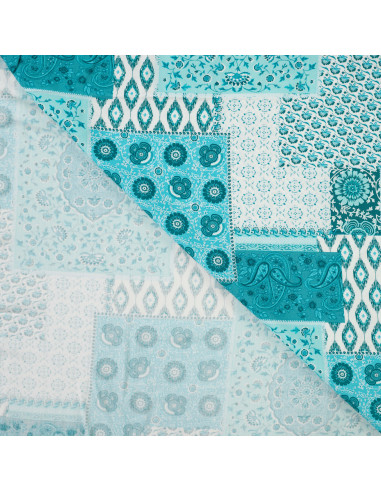 Tissu, Viscose Imprimée Patchwork Bohème, Bleu Pétrole, Laize 140 cm, 100% Viscose 105g/m²