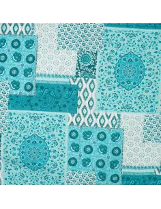 Tissu, Viscose Imprimée Patchwork Bohème, Bleu Pétrole, Laize 140 cm, 100% Viscose 105g/m²