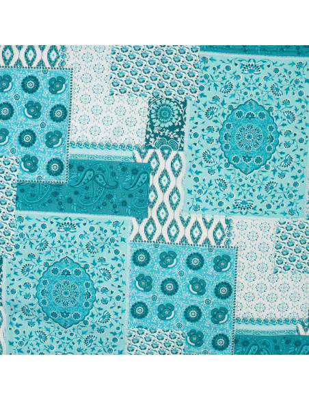 Tissu, Viscose Imprimée Patchwork Bohème, Bleu Pétrole, Laize 140 cm, 100% Viscose 105g/m²