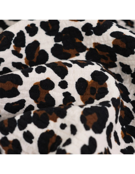 Tissu, Seersucker de Coton Imprimé Léopard, Beige et Noir, Laize 140 cm, 100% Coton 220g/m²