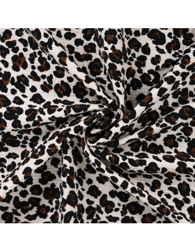 Tissu, Seersucker de Coton Imprimé Léopard, Beige et Noir, Laize 140 cm, 100% Coton 220g/m²