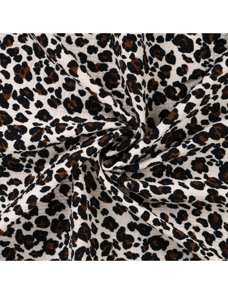Tissu, Seersucker de Coton Imprimé Léopard, Beige et Noir, Laize 140 cm, 100% Coton 220g/m²
