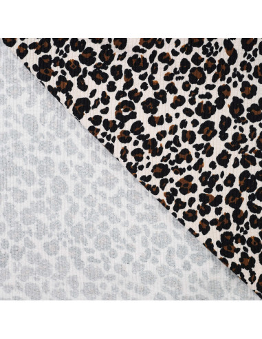 Tissu, Seersucker de Coton Imprimé Léopard, Beige et Noir, Laize 140 cm, 100% Coton 220g/m²