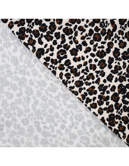 Tissu, Seersucker de Coton Imprimé Léopard, Beige et Noir, Laize 140 cm, 100% Coton 220g/m²