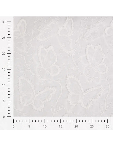 Tissu, Coton Brodé Papillons, Écru, Laize 140 cm, 100% Coton 130g/m²