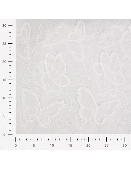 Tissu, Coton Brodé Papillons, Écru, Laize 140 cm, 100% Coton 130g/m²