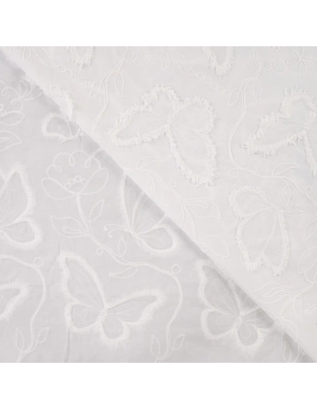 Tissu, Coton Brodé Papillons, Écru, Laize 140 cm, 100% Coton 130g/m²