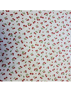 Tissu, Coton Enduit Motif Cerises, Rouge et Blanc, Laize 160 cm, 100% Coton Enduit 180g/m²