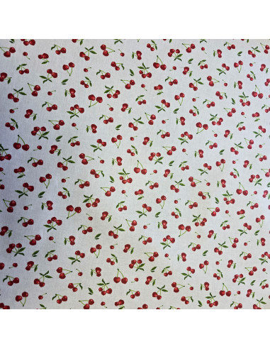 Tissu, Coton Enduit Motif Cerises, Rouge et Blanc, Laize 160 cm, 100% Coton Enduit 180g/m²