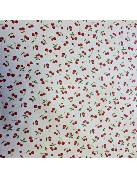 Tissu, Coton Enduit Motif Cerises, Rouge et Blanc, Laize 160 cm, 100% Coton Enduit 180g/m²