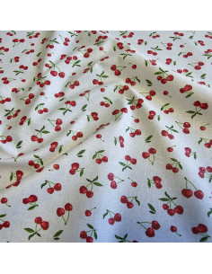 Tissu, Coton Enduit Motif Cerises, Rouge et Blanc, Laize 160 cm, 100% Coton Enduit 180g/m² 2