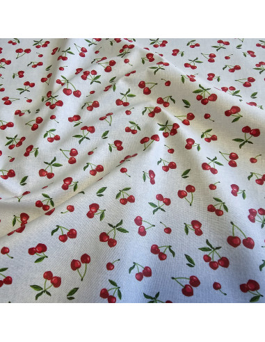 Tissu, Coton Enduit Motif Cerises, Rouge et Blanc, Laize 160 cm, 100% Coton Enduit 180g/m²