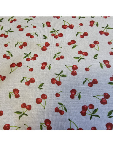 Tissu, Coton Enduit Motif Cerises, Rouge et Blanc, Laize 160 cm, 100% Coton Enduit 180g/m²