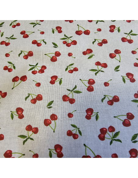 Tissu, Coton Enduit Motif Cerises, Rouge et Blanc, Laize 160 cm, 100% Coton Enduit 180g/m²