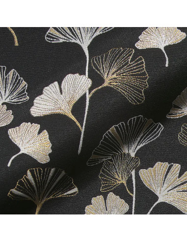 Tissu, Jacquard Gobelin Ginkgo Métallique, Noir et Or Métallisé, Laize 140 cm, 47% Polyester 32% Polyacrylique 20% Coton 400g/m²