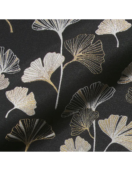 Tissu, Jacquard Gobelin Ginkgo Métallique, Noir et Or Métallisé, Laize 140 cm, 47% Polyester 32% Polyacrylique 20% Coton 400g/m²
