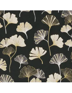 Tissu, Jacquard Gobelin Ginkgo Métallique, Noir et Or Métallisé, Laize 140 cm, 47% Polyester 32% Polyacrylique 20% Coton 400g/m²