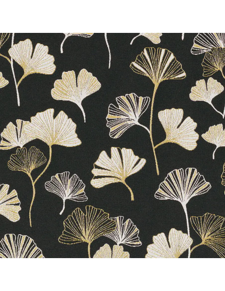 Tissu, Jacquard Gobelin Ginkgo Métallique, Noir et Or Métallisé, Laize 140 cm, 47% Polyester 32% Polyacrylique 20% Coton 400g/m²