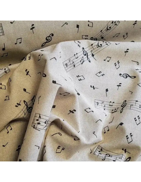 Tissu, Demi-Natté Notes de Musique, Écru Naturel, Laize 140 cm, Coton Polyester 205g/m²