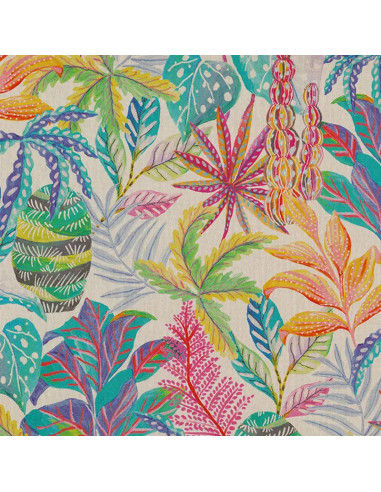 Tissu, Demi-natté Aspect Lin Motifs Feuilles, Multicolore, Laize 140 cm, 80% Coton 20% Polyester