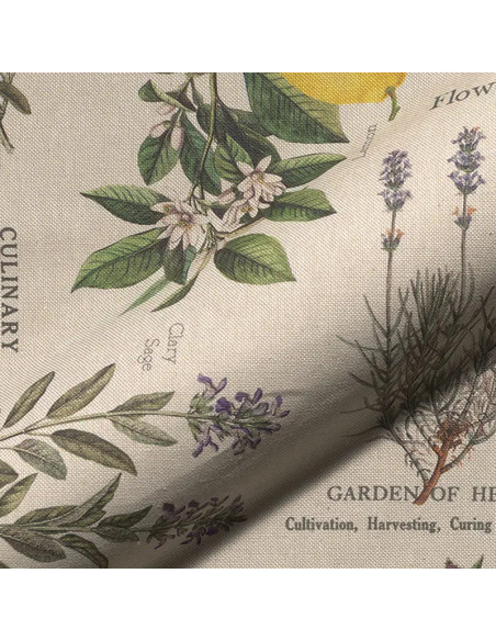 Tissu, Demi-Natté Imprimé Citrons et Lavande, Jaune Violet sur Écru, Laize 140 cm, 80% Coton 20% Polyester 205g/m²