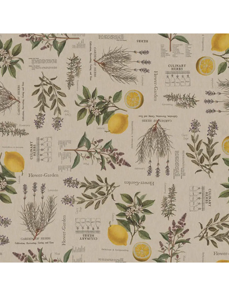 Tissu, Demi-Natté Imprimé Citrons et Lavande, Jaune Violet sur Écru, Laize 140 cm, 80% Coton 20% Polyester 205g/m²