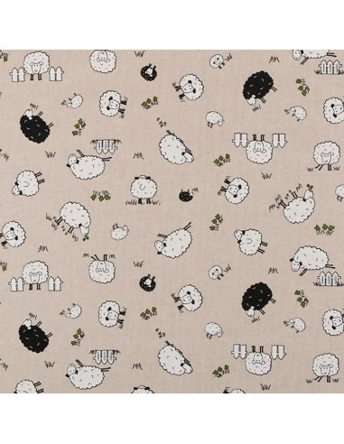 Tissu, Demi-Natté Aspect Lin Motif Moutons, Naturel & Blanc, Laize 140 cm, 80% Coton 20% Polyester 205g/m²