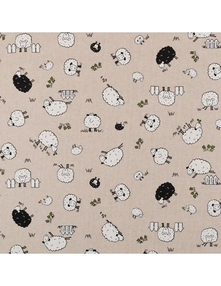 Tissu, Demi-Natté Aspect Lin Motif Moutons, Naturel & Blanc, Laize 140 cm, 80% Coton 20% Polyester 205g/m²