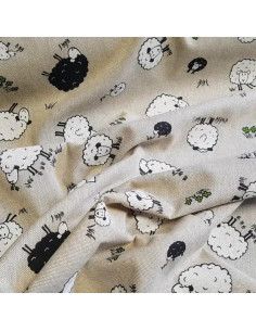 Tissu, Demi-Natté Aspect Lin Motif Moutons, Naturel & Blanc, Laize 140 cm, 80% Coton 20% Polyester 205g/m² 2
