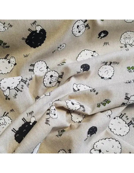 Tissu, Demi-Natté Aspect Lin Motif Moutons, Naturel & Blanc, Laize 140 cm, 80% Coton 20% Polyester 205g/m²