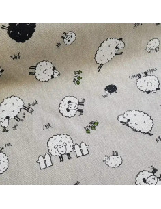 Tissu, Demi-Natté Aspect Lin Motif Moutons, Naturel & Blanc, Laize 140 cm, 80% Coton 20% Polyester 205g/m²