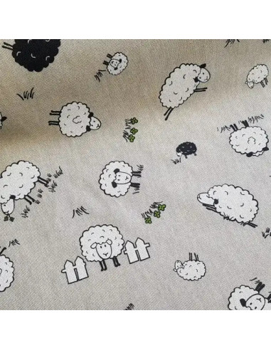 Tissu, Demi-Natté Aspect Lin Motif Moutons, Naturel & Blanc, Laize 140 cm, 80% Coton 20% Polyester 205g/m²
