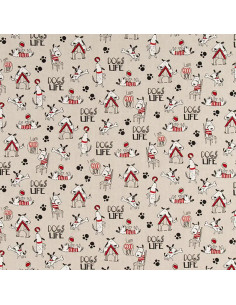 Tissu, Demi-Natté Motif Chiens, Écru Naturel, Laize 140 cm, Coton Polyester 205g/m²