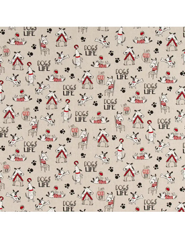 Tissu, Demi-Natté Motif Chiens, Écru Naturel, Laize 140 cm, Coton Polyester 205g/m²