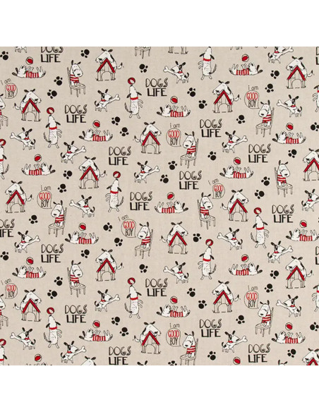 Tissu, Demi-Natté Motif Chiens, Écru Naturel, Laize 140 cm, Coton Polyester 205g/m²