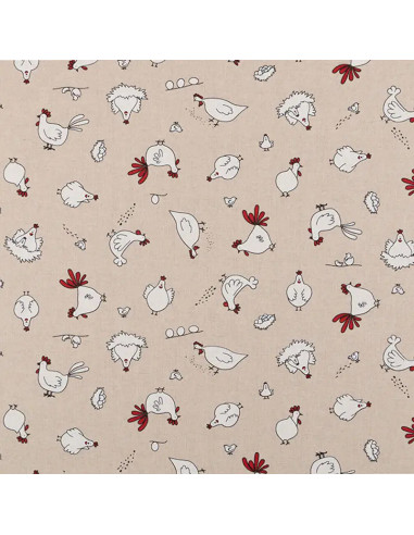 Tissu, Demi-Natté Motif Poules, Écru Naturel, Laize 140 cm, Bachette Coton Polyester 205g/m²