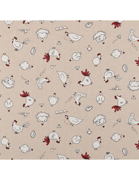 Tissu, Demi-Natté Motif Poules, Écru Naturel, Laize 140 cm, Bachette Coton Polyester 205g/m²