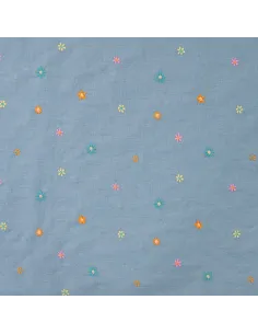 Tissu, Chambray de Coton Brodé Fleurs, Bleu Chiné, Laize 135 cm, 100% Coton 130g/m²