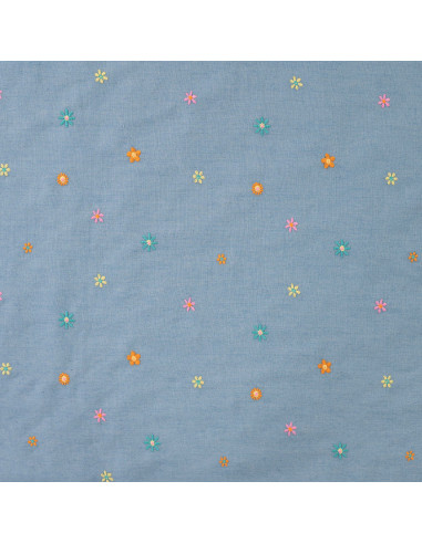 Tissu, Chambray de Coton Brodé Fleurs, Bleu Chiné, Laize 135 cm, 100% Coton 130g/m²
