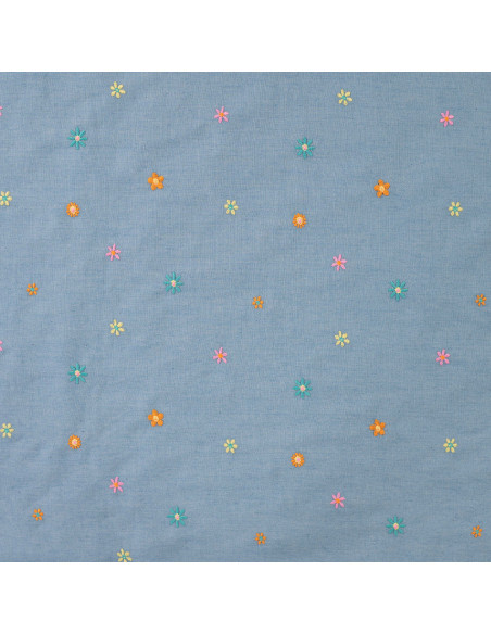 Tissu, Chambray de Coton Brodé Fleurs, Bleu Chiné, Laize 135 cm, 100% Coton 130g/m²